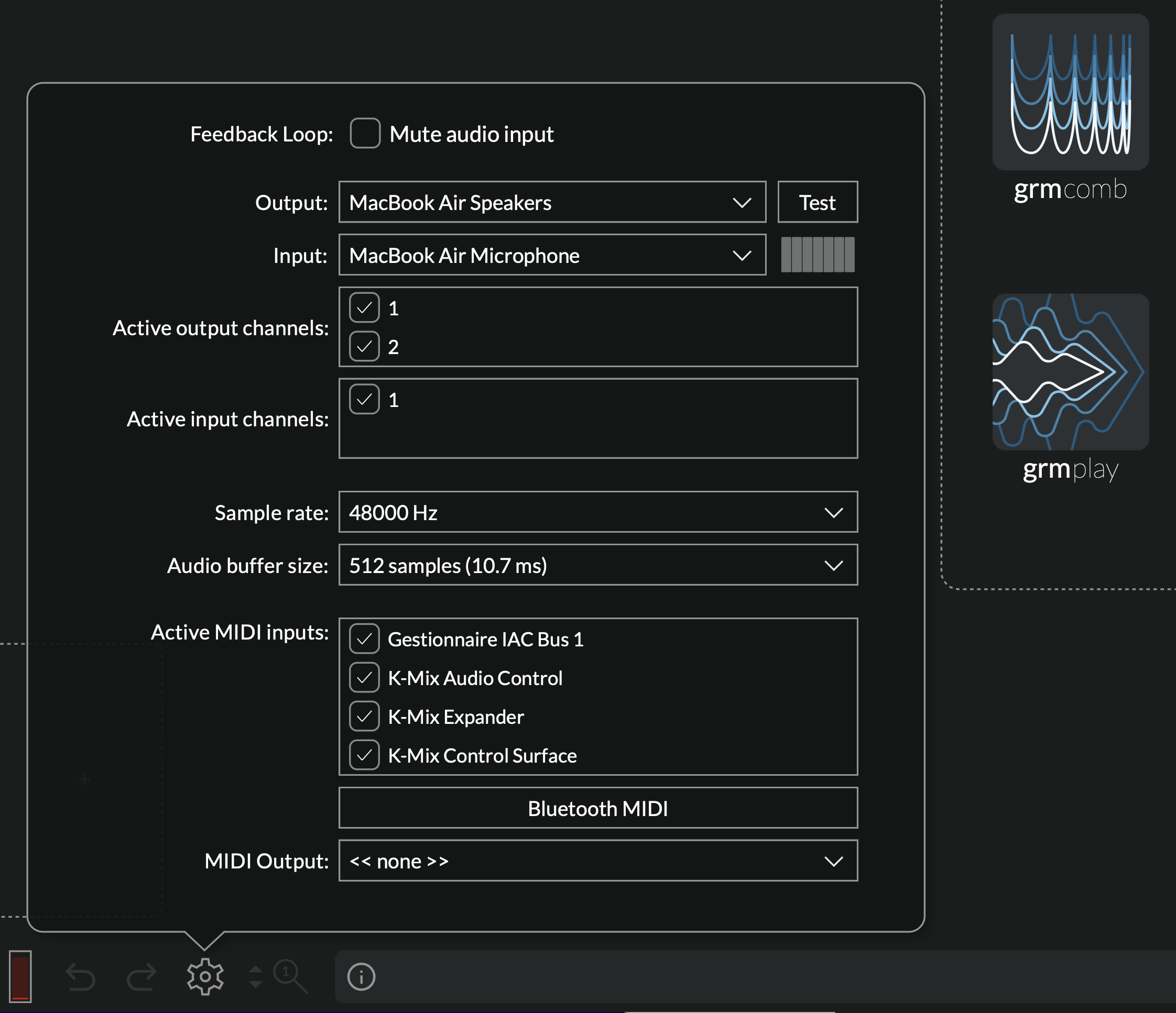 A screenshot showing Atelier's audio setup popup
