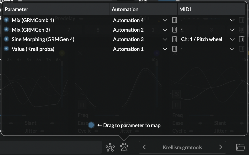 Screenshot of the parameter mappings window with some parameters mapped to automations and MIDI controls
