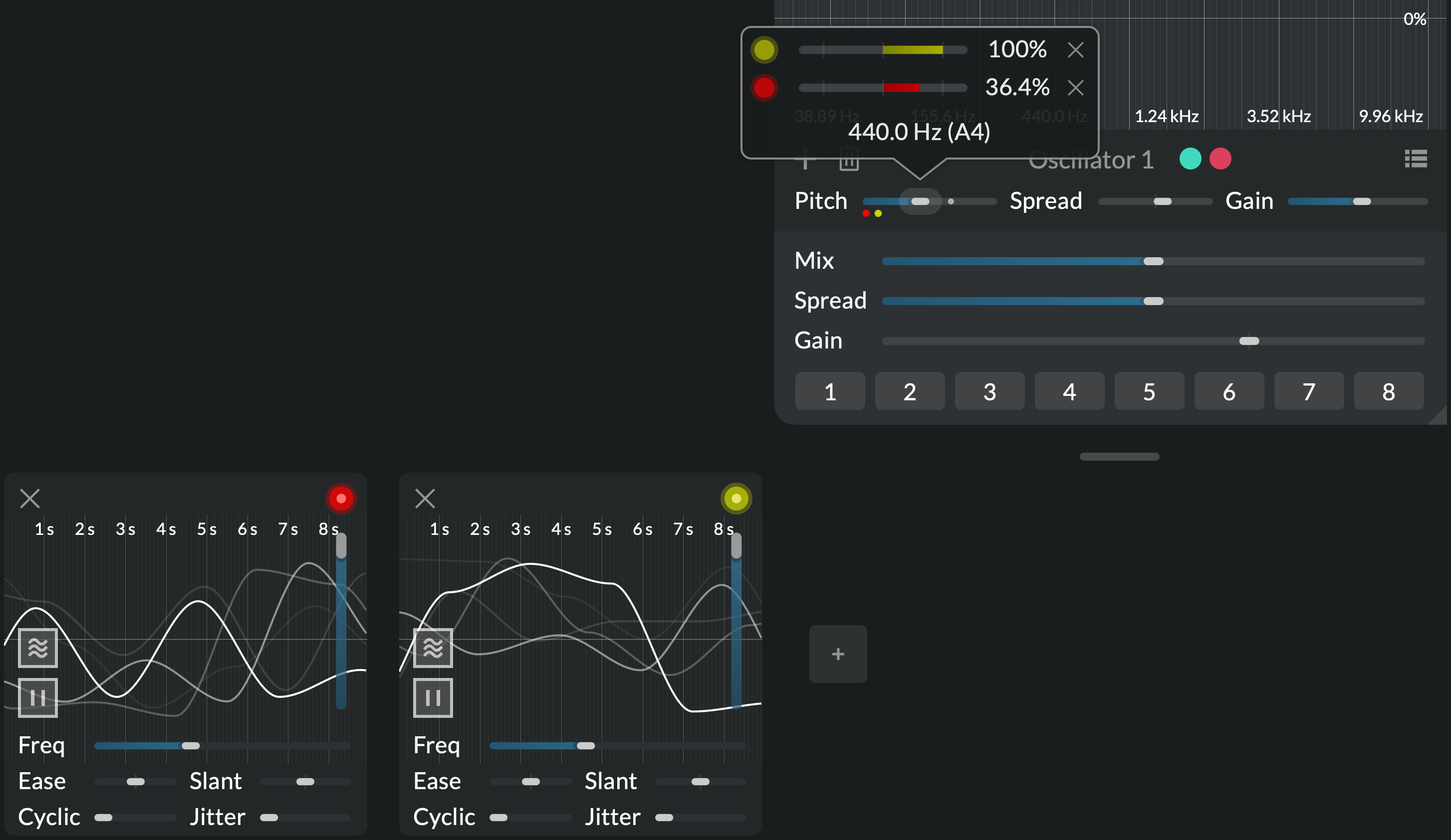 Two modulations influencing the same pitch parameter. A popup allows editing modulations
