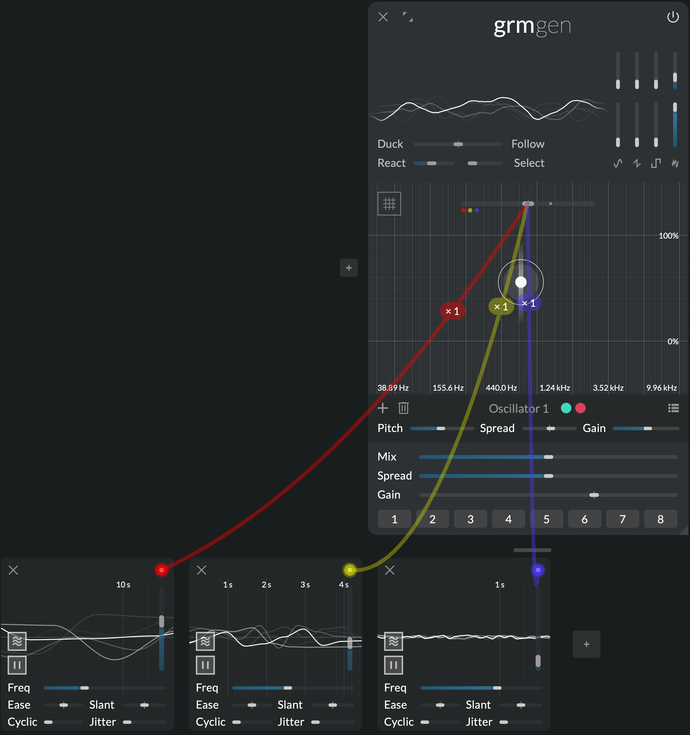 A screenshot showing three agitations with different frequency and amplitude settings modulating the frequency band of a noise generator