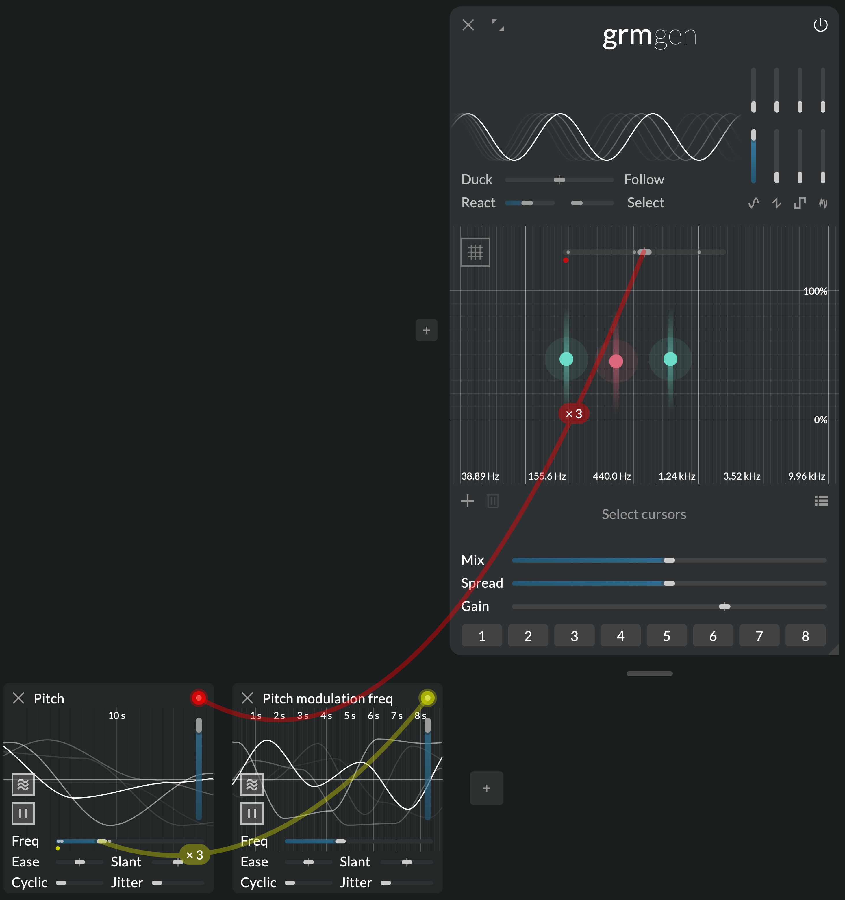 An agitation modulating the frequency parameter of an agitation that modulates the pitch ratio of Gen with three oscillators