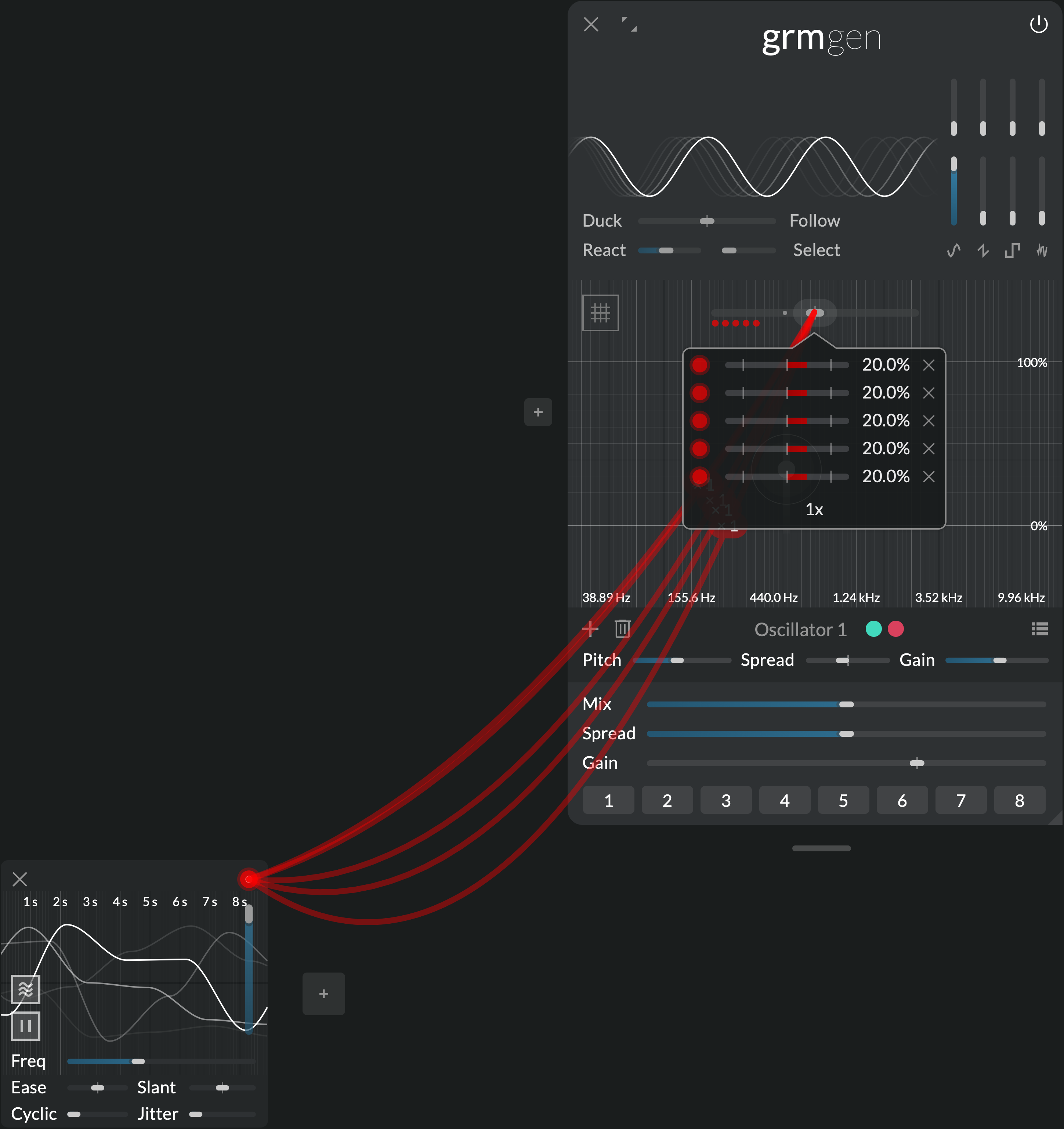 A screenshot showing the same agitation modulating the pitch of an oscillator five times