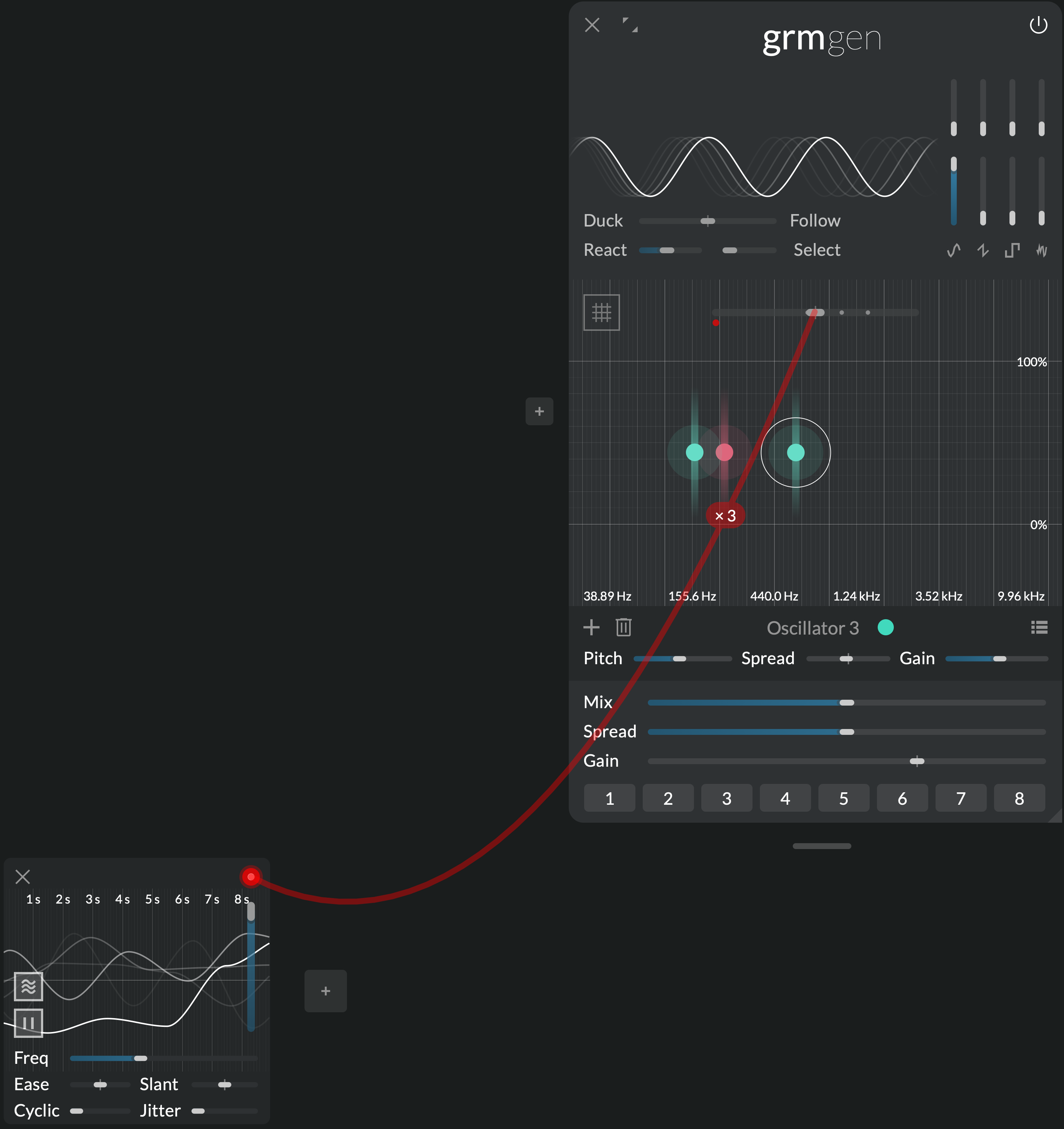 Agitation independently modulating the pitch ratio of three oscillators in Gen
