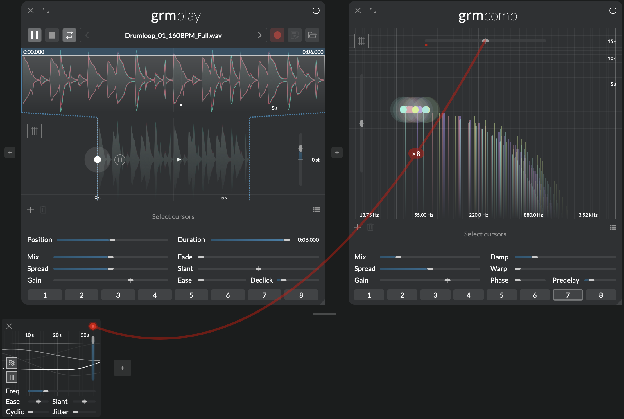 A screenshot showing Play feeding into Comb and Agitation agitating Comb's transposition
