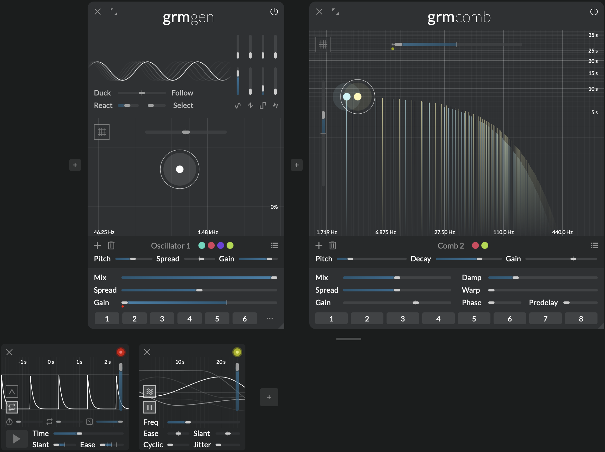 A screenshot showing Gen feeding into Comb to produce delay effects