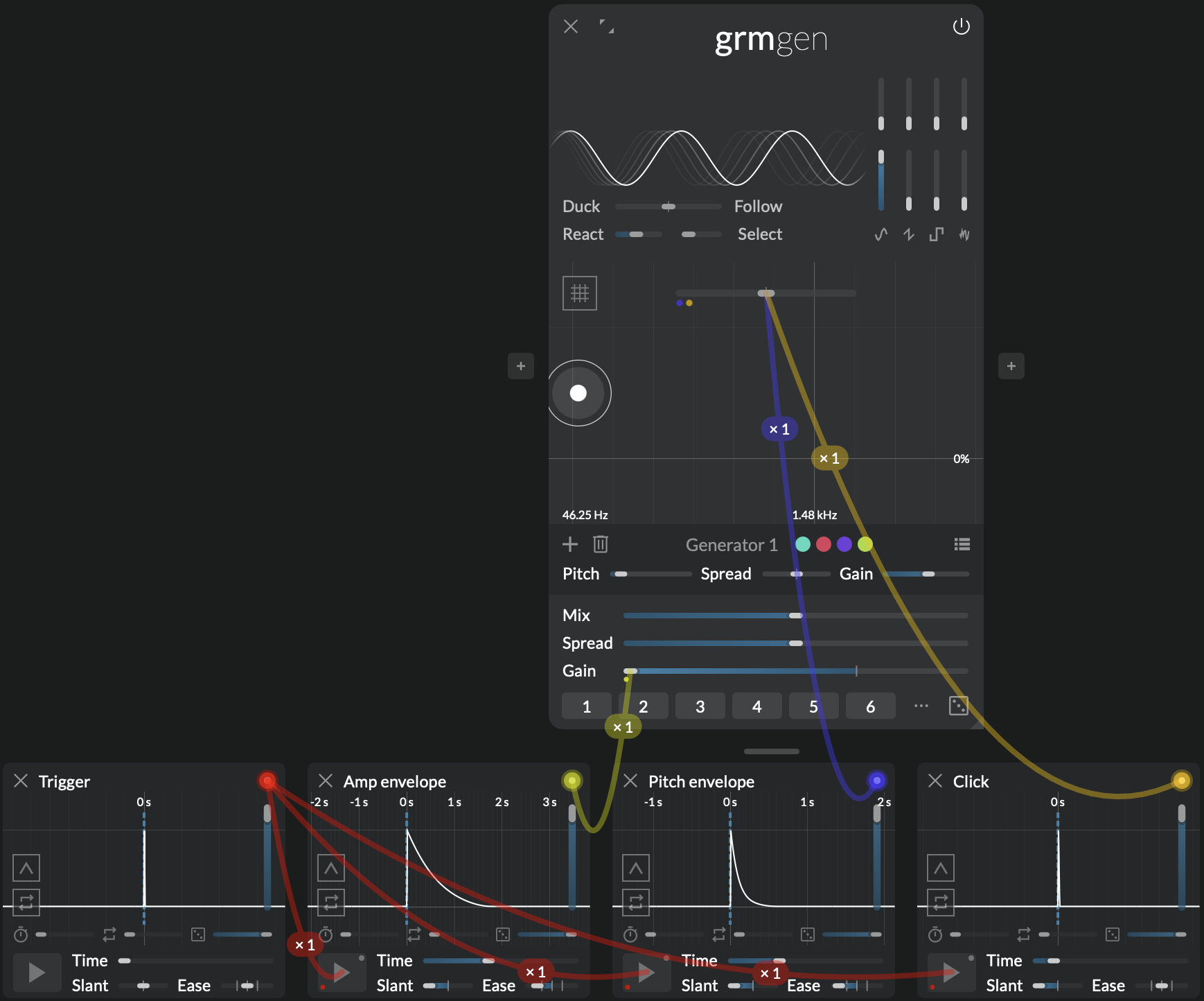 Screenshot of Peak modulating several envelopes in Gen to create a kick drum