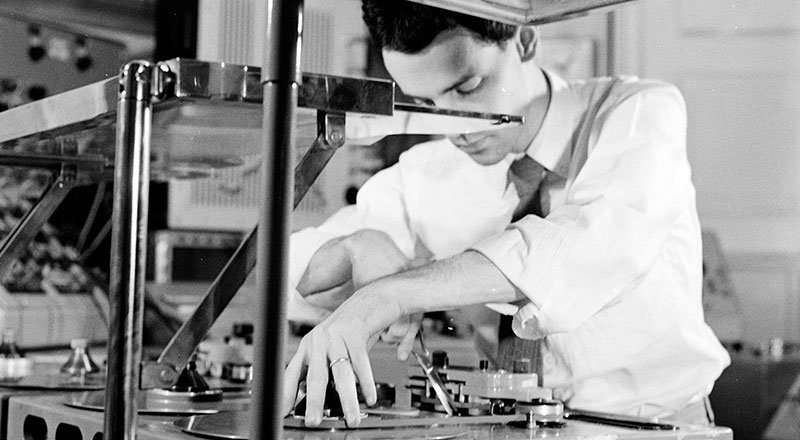  François Bayle at the GRM studio in 1962. Photo by Laszlo Ruszka.