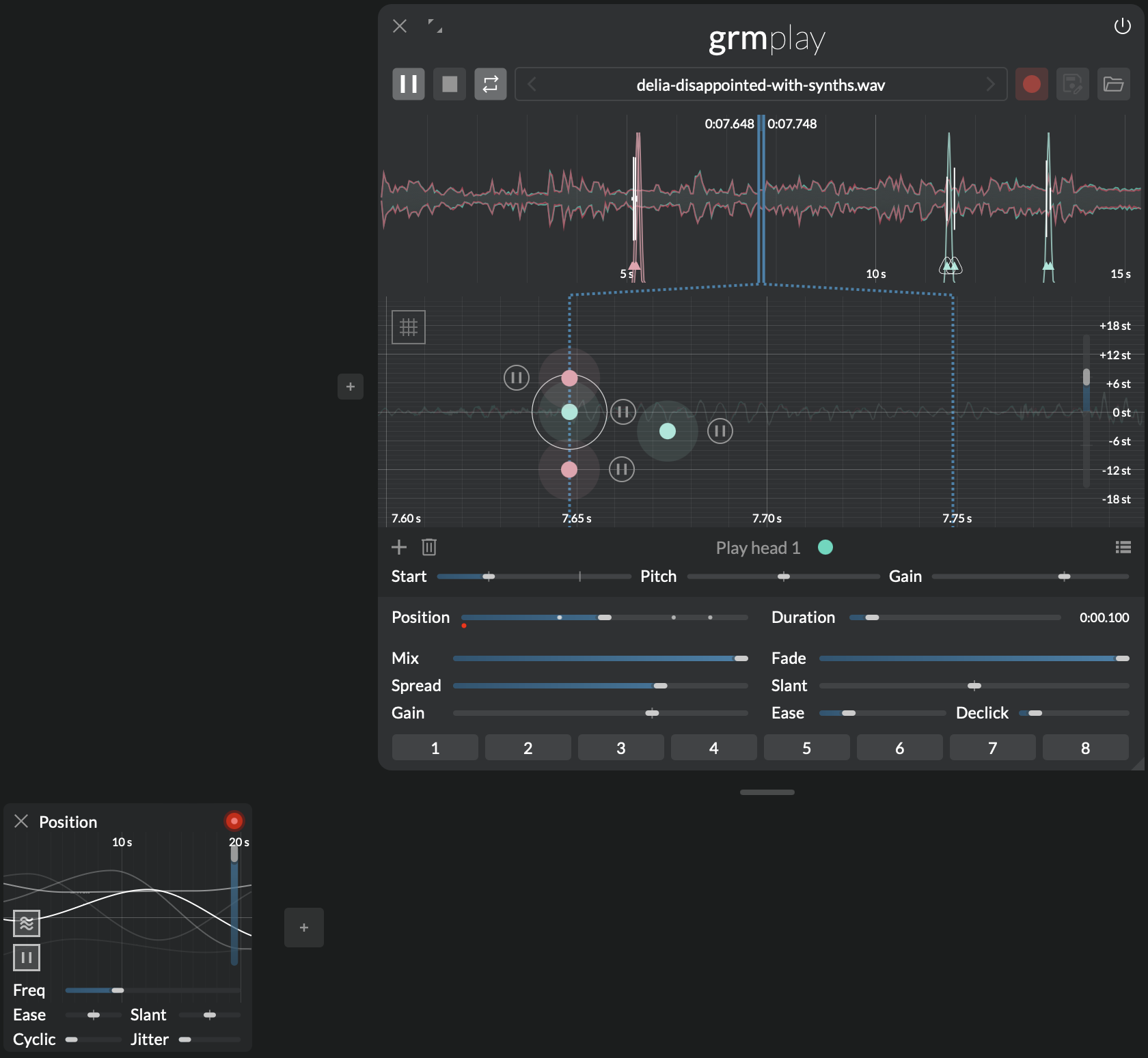Screenshot of four playheads at different pitches with very short smooth playback regions