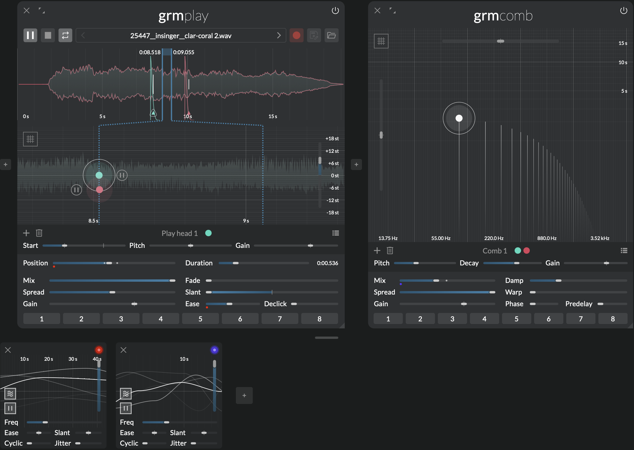 Screenshot of Play with envelopes adjusted to create percussive sounds from a drone chained with Comb